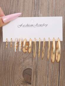 Set Anting-Anting Berlapis Logam Elegan Warna Emas 12-24 Buah, Hypoallergenic untuk Wanita, Menampilkan Desain Geometris Minimalis, Lingkaran Besar, dan Mutiara Imitasi, Cocok untuk Pemakaian Sehari-hari dan Acara Khusus - Emas - View 5