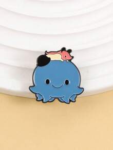 1pc Octopus & Companion Enamel Badge, Rounded Shape With Interactive Design On Top, Fresh Blue & Pink Color Scheme, Cute Style Brooch For Clothing Or Backpack, Suitable For Dark-Themed Cute Pet Animation Fans - Blue - View 9