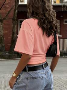 New Fashionable Elegant Solid Color Casual Versatile Waist Ruched T-Shirt, Suitable For Daily, School, Beach, Vacation, And Home Wear - Orange Powder - View 5