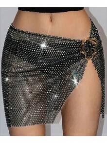 Shimmering Rhinestone Mini Skirt For Women, Dazzling Rhinestone Skirt For Women, Charming Rhinestone Chainmail Skirt For Women, Women's Skirts, Black Skirts, Women's Summer Clothing, Women's Vacation Wear, Summer Women's Fashion, Fashionable Women's Mini Skirts, Tankini Swimwear, Casual Summer Style, Fishnet And Rhinestone Mini Skirts, Suitable For Vacations, Gatherings, Parties, Daily Commuting, Graduation Ceremonies, Gifts For Girlfriends, And Mother's Day Gifts. - 黑色 - 查看 2