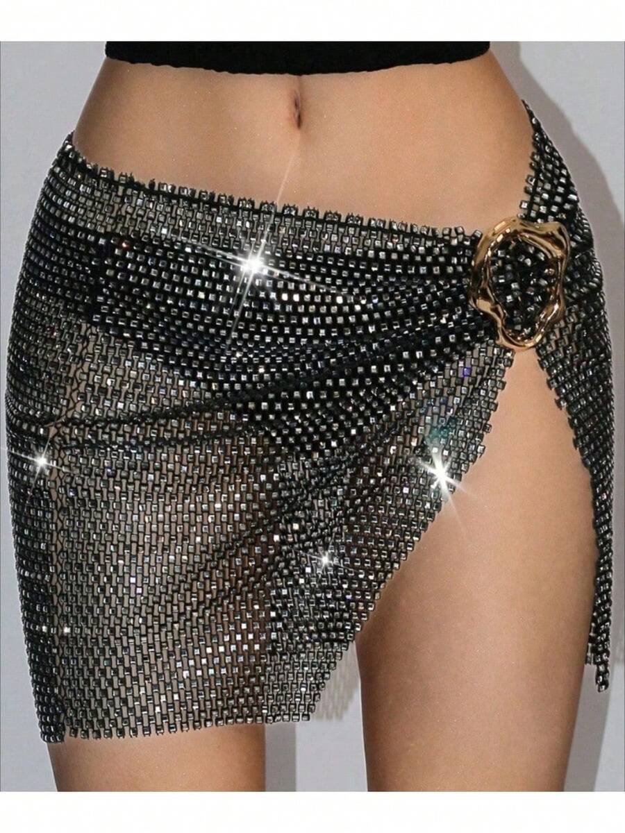 Shimmering Rhinestone Mini Skirt For Women, Dazzling Rhinestone Skirt For Women, Charming Rhinestone Chainmail Skirt For Women, Women's Skirts, Black Skirts, Women's Summer Clothing, Women's Vacation Wear, Summer Women's Fashion, Fashionable Women's Mini Skirts, Tankini Swimwear, Casual Summer Style, Fishnet And Rhinestone Mini Skirts, Suitable For Vacations, Gatherings, Parties, Daily Commuting, Graduation Ceremonies, Gifts For Girlfriends, And Mother's Day Gifts. - màu đen - Xem 1