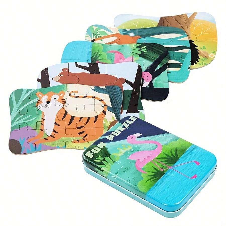 5-In-1 Iron Box Storage Puzzle Toy, Animal Dinosaur Space Themes, 3+ Years Old Early Education Logical Thinking Training