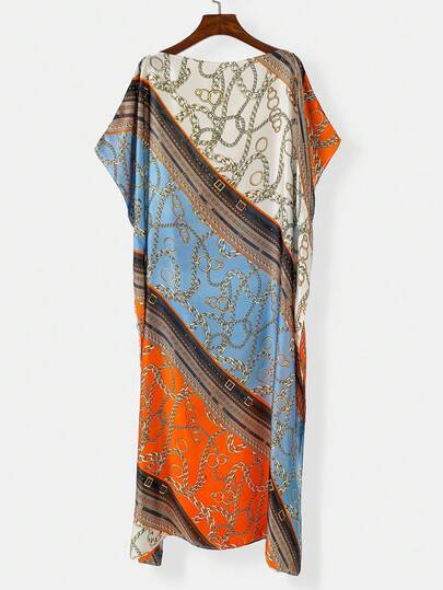 1pc Women's Fashion Chain Print Faux Silk Pullover Long Robe, Casual Vacation Sun Protection Long Cover Up Shawl, Spring/Summer