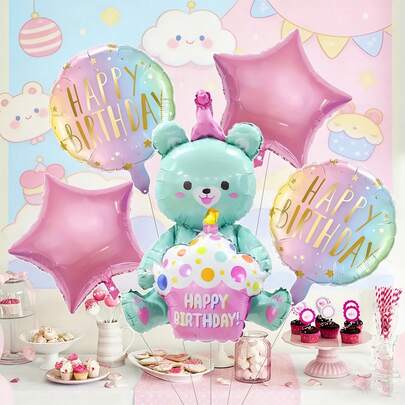 1 Set Cute Bear Birthday Balloon Decoration Kit, Includes Cartoon Bear Shaped Balloon, "HAPPY BIRTHDAY" Round Balloon, Star Balloons, Suitable For Son/Daughter Birthday Party, 1st Birthday Theme, Parent-Child Birthday Celebration, Children's Room Birthday Decor, Birthday Photo Backdrop, Creates A Youthful And Playful Birthday Atmosphere