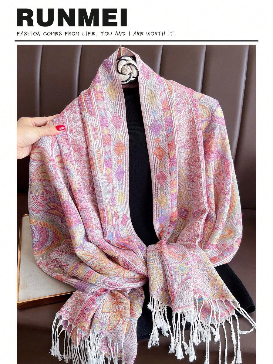 1pc Women's Vivid Paisley & Paisley Pattern Jacquard Scarf/Shawl, Versatile For Daily Wear, Suitable For Outfits Winter Fall,Beach,Holiday - Pink - View 1