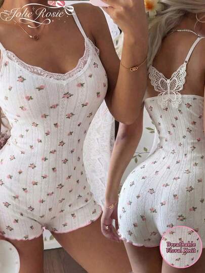 جمبسوت قفز من الدانتيل مع خصر قابل للتعديل، ملابس نوم كاجوال ومريحة، مناسبة للربيع والصيف والخريف