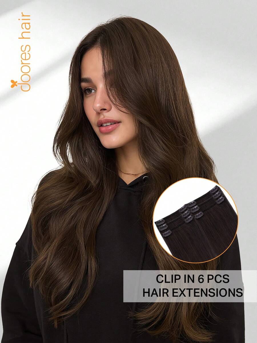Bộ 6 miếng nối tóc DOORES (kèm 12 kẹp) bằng tóc thật, dài 12-24 inch, không đường nối, tóc Remy chất lượng cao, kiểu tóc kẹp đôi, thích hợp sử dụng hàng ngày cho nữ, giúp tăng độ dày và chiều dài, cho vẻ ngoài tự nhiên. - S4A - Xem 1