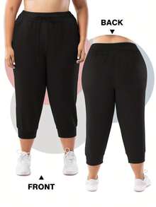 2-Pack Plus Size Women's High-Stretch Drawstring Jogger Capris - Side Pockets, Relaxed Cuffed Ankle, Year-Round Wear - 黑色+紅色 - 查看 4