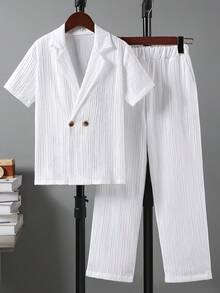 男童褶皱纹理短袖衬衫长裤套装（2件套），休闲装，适合8-12岁儿童，适合派对穿着 - 白色 - 查看 1