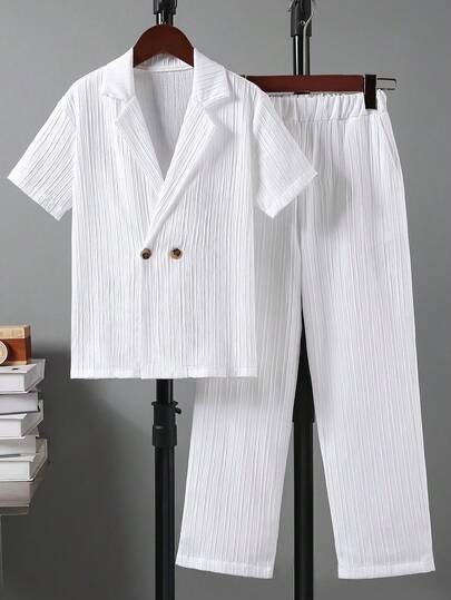 男童褶皱纹理短袖衬衫长裤套装（2件套），休闲装，适合8-12岁儿童，适合派对穿着