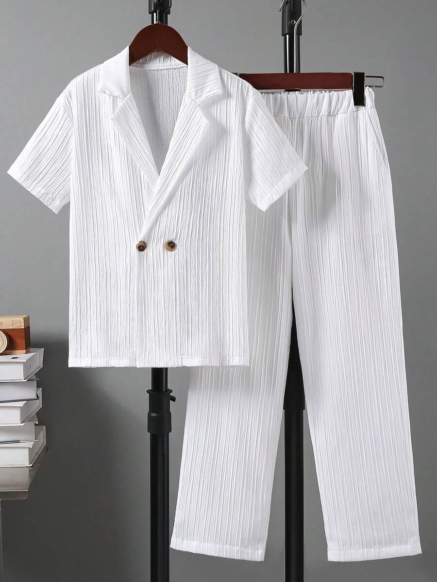 男童褶皱纹理短袖衬衫长裤套装（2件套），休闲装，适合8-12岁儿童，适合派对穿着 - 白色 - 查看 1