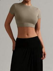 2026 Crew Neck Short Sleeve Fitted Sports T-Shirt, Cute Tight Casual Top For Summer - Earth - View 3
