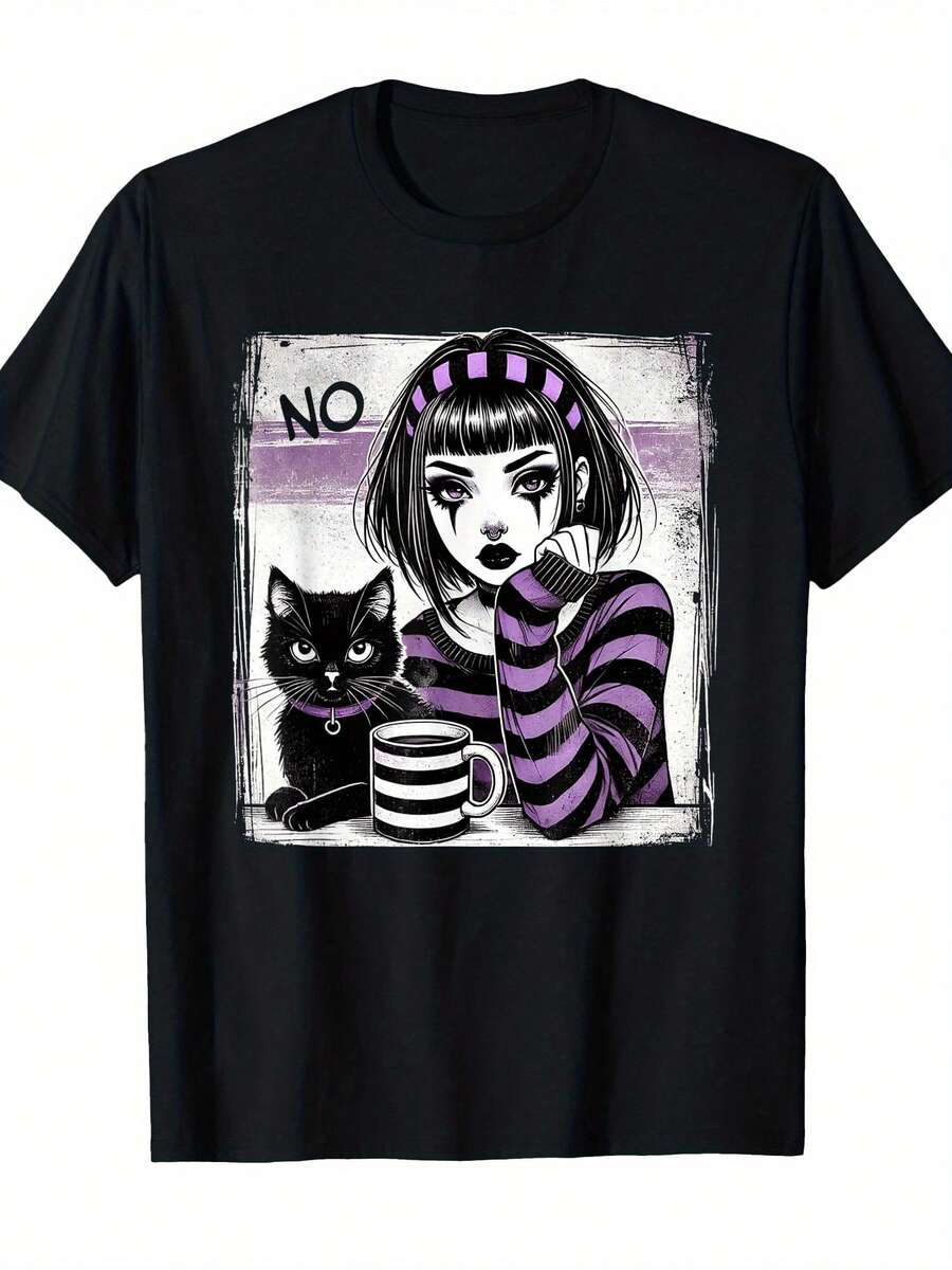 Adecuado para chicas punk góticas con camiseta de gato punk y café - 100% algodón, suave y transpirable, cuello redondo, manga corta, corte holgado, top casual con gráfico de chica gótica y gato café para fiestas temáticas, atuendo casual - Perfecto - Negro - Ver 1
