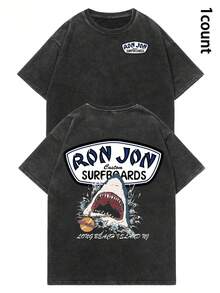 COCOC 2026 New Heavy-Duty Washed-Shirt,Unisex Ron Jon Surfboards Shark Graphic Washed Tee |   Cotton |   Oversized Relaxed Fit |   Retro Beach Surf Aesthetic |   Y2K Casual Streetwear |   Summer Vacation Top |   Man Fashion - màu đen - Xem 1