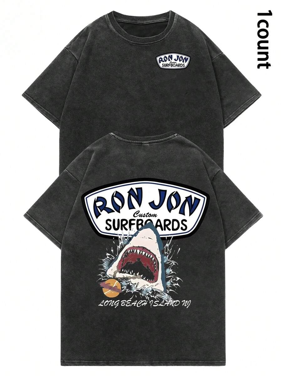 COCOC 2026 New Heavy-Duty Washed-Shirt,Unisex Ron Jon Surfboards Shark Graphic Washed Tee |   Cotton |   Oversized Relaxed Fit |   Retro Beach Surf Aesthetic |   Y2K Casual Streetwear |   Summer Vacation Top |   Man Fashion - màu đen - Xem 1