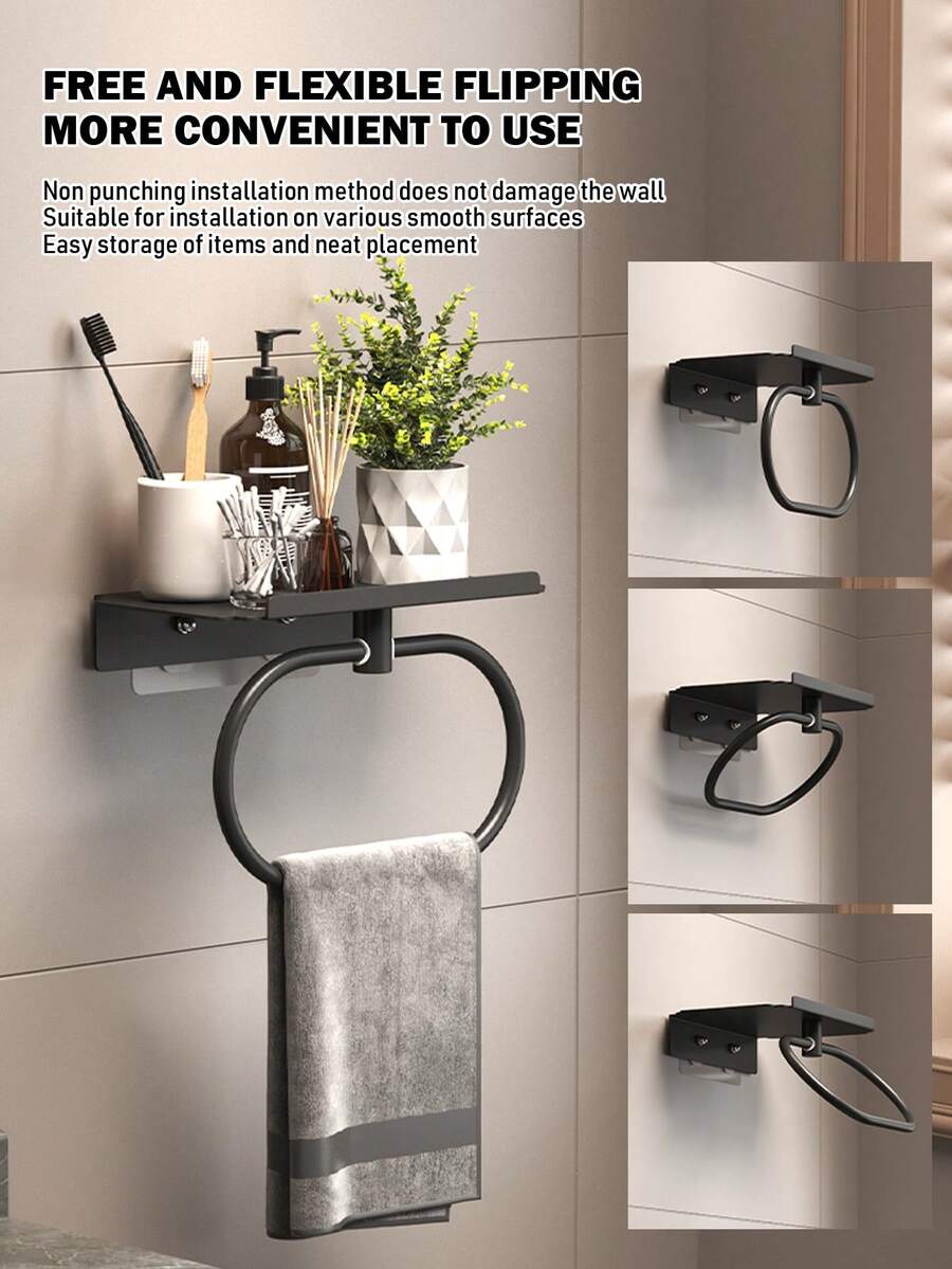Flexible Foldable Towel Ring With Storage, No Drilling Required Bathroom Towel Rack For Towels, Toiletries Etc., Wall-Mounted Towel Holder, Bathroom Accessories - Black - View 1