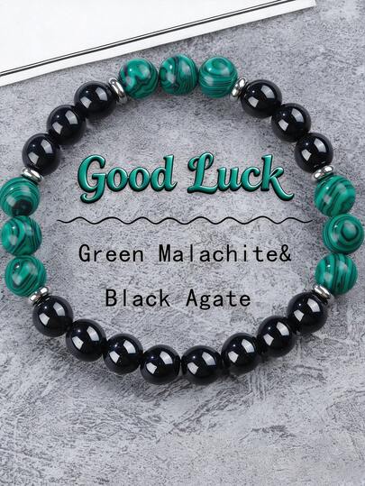 YAUKIA 1 pezzo Braccialetto in malachite verde naturale e agata nera, unisex, portafortuna, protezione, adatto sia per uomo che per donna, gioiello elastico, ideale per uso quotidiano.