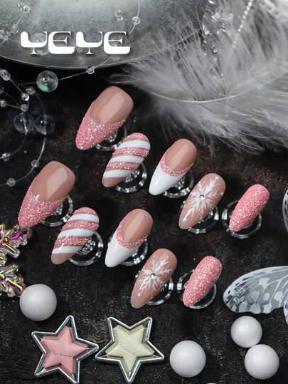 Mejora tu apariencia con un kit de 10 piezas de uñas postizas de estilo francés con puntas almendradas, de color rosa y blanco, con base de color rosa nude, de aspecto natural, con decoración tridimensional de cristales, cintas de colores y brillos, estilo europeo de cobertura completa, uñas acrílicas de longitud media, suministros de uñas con forma de corazón para mujeres y niñas, que incluye 1 lima de uñas mini y 1 hoja de pegatinas adhesivas, para arte de uñas de verano para festivales, uso diario, trabajo, fiestas y otros lugares