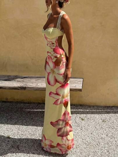 Elegant Romantic Sexy Casual Vacation Date Floral Lace Dress, Summer Dress, Elegant Dresses For Women, Casual Long Dresses, Summer Holiday Outfits, Floral Dress