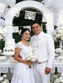 1 pieza Elegante bandera blanca mexicana para boda, decoración de boda con tema mexicano bohemio, bandera de recorte de papel de encaje con formas de corazón floral, adecuada para colgar en interiores y exteriores como fondo de fotografía, suministros para fiestas, decoraciones para fiestas de bodas y baby shower - Multicolor - Ver 7