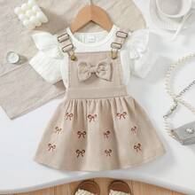 Ribbed Flutter Sleeve Inner Top + Bow Embroidery Suspender Skirt, Girls Gentle Preppy Style Daily Outfit - Apricot - View 4