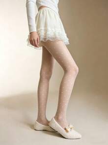 1 đôi quần tất trắng mỏng với họa tiết chấm bi trắng jacquard, kiểu dáng gợi cảm, thích hợp cho mùa cưới và mặc hàng ngày. - Nhiều màu - Xem 2