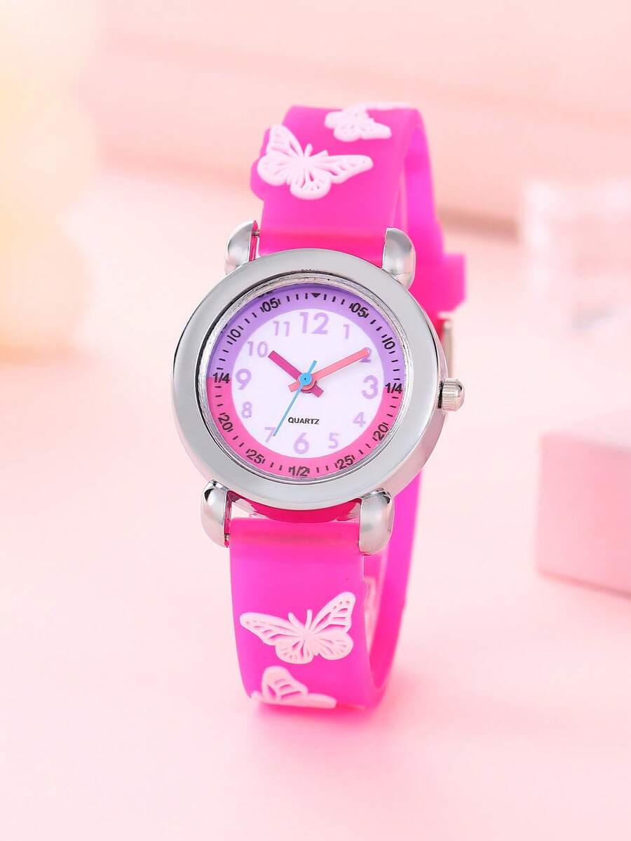 Reloj de cuarzo con correa de silicona con diseño de mariposa en 3D para niños/niñas - Rosa Fucsia - Ver 1