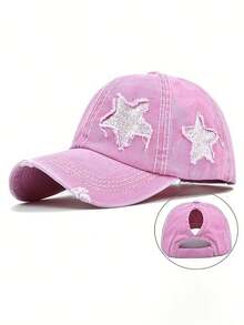 1pc Ladies' Embroidered 5-Pointed Star Washed Ponytail Distressed Baseball Cap, Sun Protection Leisure Hat Suitable For Spring/Autumn Travel, Beach Holidays, Men's Sun Hat, Y2K Style Youth Hat - Embroidery - View 4