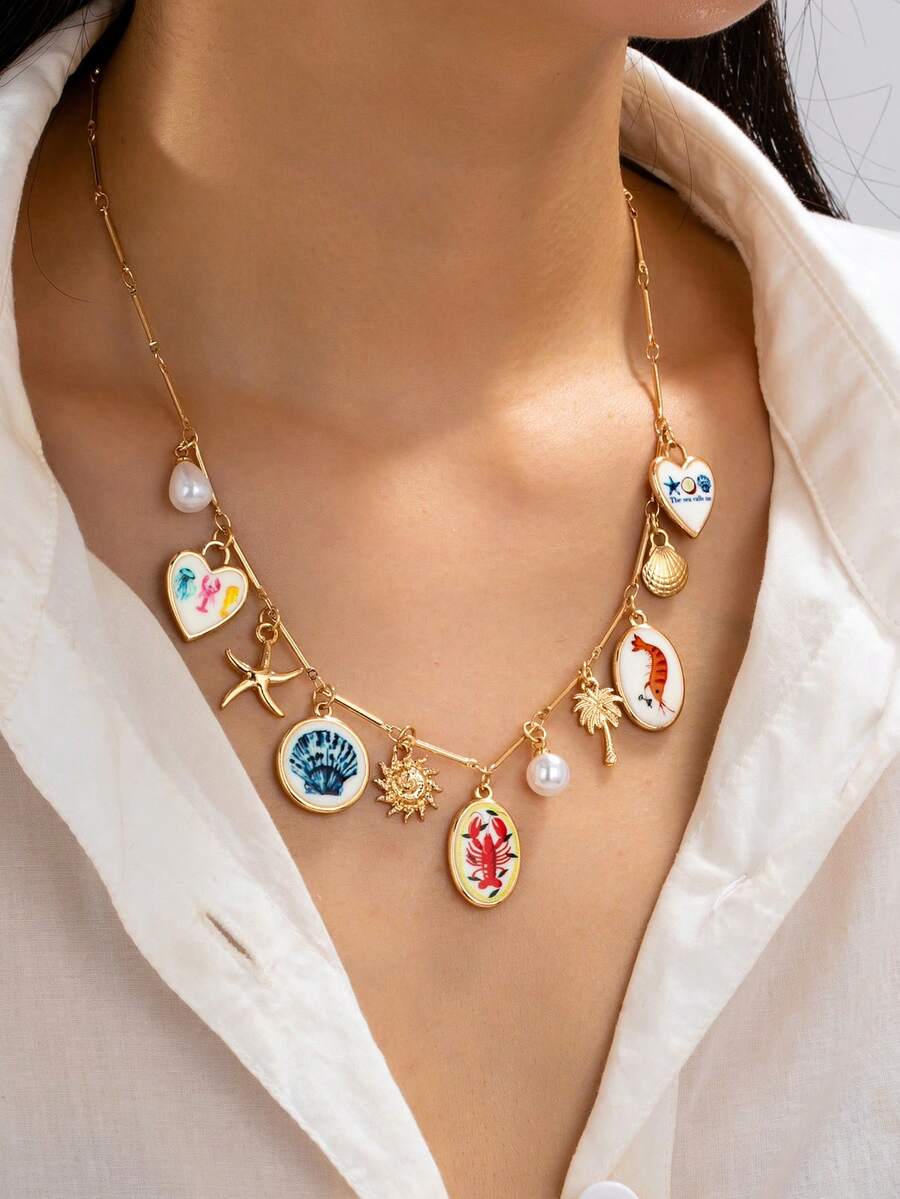 1 chiếc vòng cổ nữ hình sinh vật biển, được trang trí bằng mặt dây chuyền hình sinh vật biển tráng men như sao biển, tôm hùm và ngọc trai, vòng cổ mùa hè, trang sức phong cách nhiệt đới và hàng hải. - Nhiều màu - Xem 1