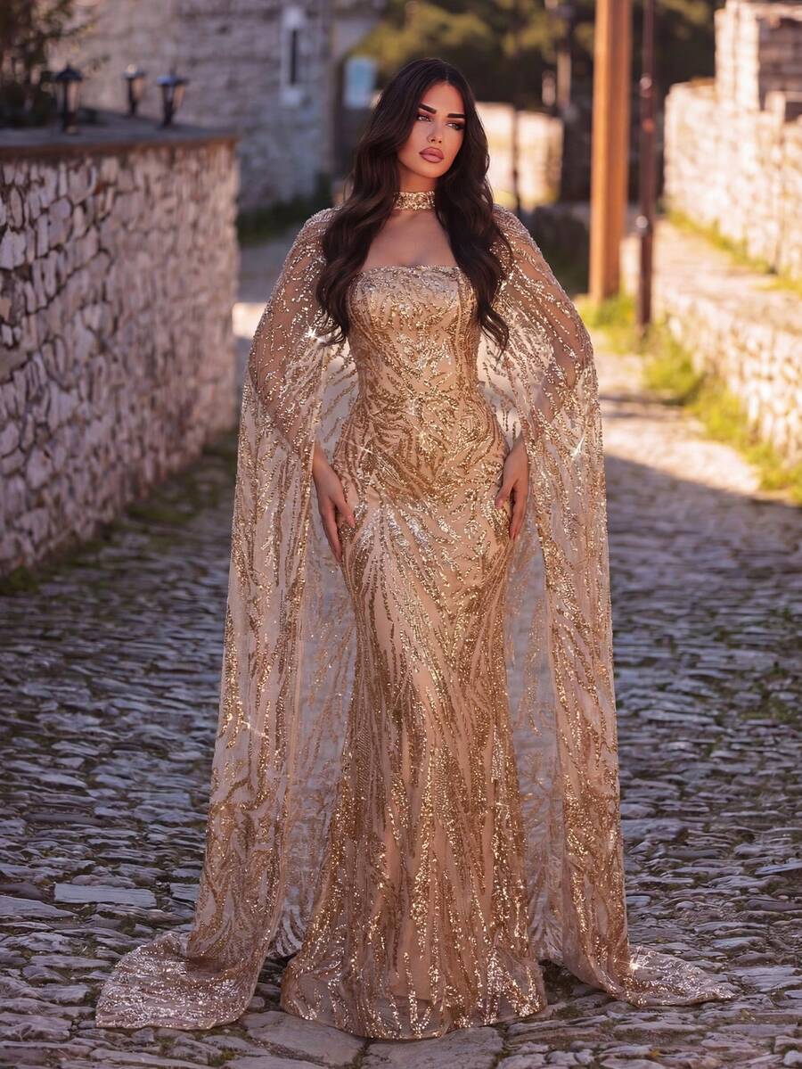 Faeriesty Đầm dạ hội đuôi cá không dây vai, đính sequin lấp lánh, kèm áo choàng, thích hợp cho các buổi dạ tiệc trang trọng, lễ kỷ niệm và đám cưới. - Vàng - Xem 1