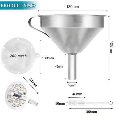 13cm Stainless Steel Funnel Set With Removable Filter Net, 200 Mesh, Suitable For Bottling, Filtering Liquids, Oils, Powders, Juices, Wines, Coffee, Tea, Jams, Etc.