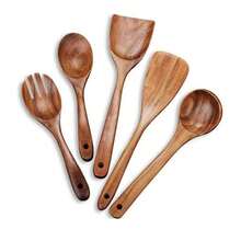 7件套木制烹饪用具套装，木勺套装，木制厨房烹饪工具套装，不粘锅铲，厨房勺 - 棕色 - 查看 5