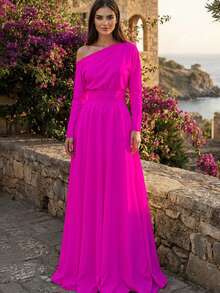 Vestido Largo Elegante Hombro Descubierto De Manga Larga Casual Fiesta Para Mujer - Rosa Neon - Ver 2