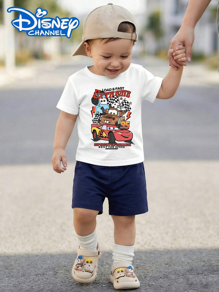 Disney 1pc Baby Boy Authentic Licensed Retro American Racing Flag Lightning Element Printed Casual Comfortable Top, Crew Neck Short-Sleeve T-Shirt, Baby Boy Pullover. This Baby Boy's Clothing Is Suitable For Daily Wear, Versatile And Not Stuffy, Ideal For Spring And Summer Wear, Vacations, Outdoor Activities, Amusement Park Outfits, And Can Also Be Used As A Children's Gift. - 白色 - 查看 1