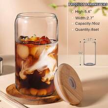 6 PCS Drinking Glasses With Bamboo Lids & Straws - 16oz Clear Water Cups For Iced Coffee, Tea, Cocktails, Whiskey, Soda. - 查看 4