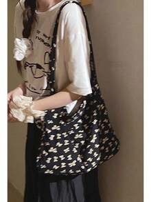 韩式小众设计碎花帆布手提包，通勤、外出、日常购物单肩/腋下手提包，大容量可折叠手提包 - 黑色 - 查看 3