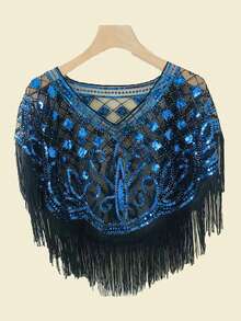 1pc Summer Retro Sequin Tassel Shawl, Versatile Hollow-Out Cape Poncho Shawl For Party - Multicolor - View 9