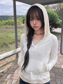 Korean Style Striped Patchwork Button Hoodie Long Sleeve T-Shirt Top For Women, Autumn/Winter Casual White Spring - White - View 1