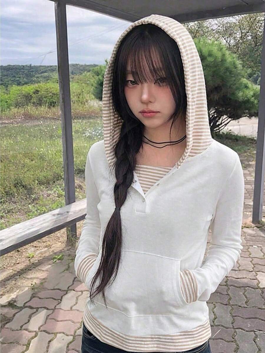 Korean Style Striped Patchwork Button Hoodie Long Sleeve T-Shirt Top For Women, Autumn/Winter Casual White Spring - White - View 1