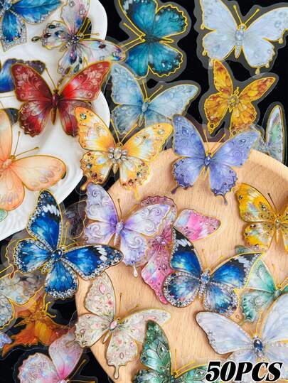 50 piezas de pegatinas de mariposa con gemas de lámina para cuaderno, portátil, equipaje, scrapbook, diario, decoración de monopatín DIY, guitarra, casco, botella de agua