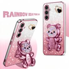 Ốp điện thoại hình gấu đính đá cầu vồng, hiệu ứng chuyển màu lấp lánh mạ điện với giá đỡ ẩn, vỏ bảo vệ dễ thương và nữ tính, tương thích với Apple 11/13/14/15/16/17, Galaxy S26U/S25/24P/A56/16/26, Note 14/15/13/11 Pro - Hồng - Xem 1