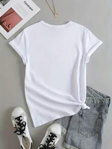 Nouveaux t-shirts d'été à manches courtes, T-shirt décontracté pour femme, idéal en toutes saisons, T-shirt imprimé graphique tendance pour femme, haut décontracté à manches courtes et col rond, vêtements légers, respirants et doux pour le printemps et l'été, tenue printanière, t-shirt en coton - Blanc - Voir 2