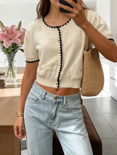 女士休闲度假优雅宽松舒适拼接时尚金色纽扣短袖针织开衫毛衣上衣，春夏款