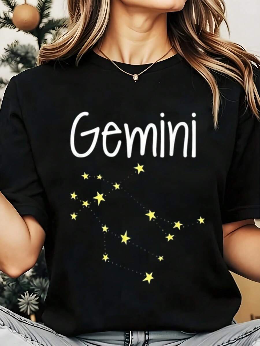 Gemini Zodiac Constellation Print Women Round Neck T Shirt For Casual Wear Christmas Holiday 220g - 黑色 - 查看 1