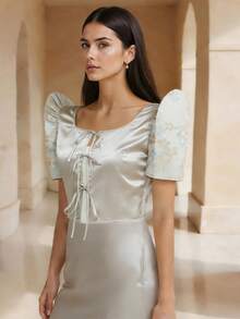 1pc Modern Filipiniana Top With Butterfly Sleeves, Lace-Up Short Sleeve Cardigan Blouse For Women, Holiday, Daily, Wedding, Summer - Blue - View 2