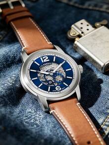 Đồng hồ nam FOSSIL chính hãng, mặt số lộ máy màu xanh lam, vỏ thép không gỉ màu bạc, mặt kính sapphire, dây da màu nâu, đồng hồ cơ tự động, dự trữ năng lượng 42 giờ, chống nước 5ATM, món quà hoàn hảo ME3263 - Màu xanh lam - Xem 4