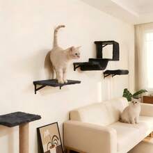 壁挂式实木猫爬架，室内猫抓柱，宠物玩具，季节性使用，壁挂式猫床，木制壁挂式猫家具，猫栖架 - 深灰色 - 查看 4