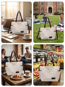 Minimalist Solid Color Canvas Tote Bag, Large Capacity Crossbody Bag, Portable Travel Shoulder Bag, Casual Handbag, Suitable For Outdoor Travel Or Commuting, Vintage Multi-Pocket Handbag, Multi-Functional Square Backpack, Large Capacity Student Tote Bag, Multi-Compartment Design, Perfect For Beach, School, Work And Daily Use, Women's Handbag, College Mother's Day Gift, Travel Essential - Beige - View 5