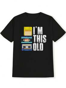 Men's Vintage "I'M THIS OLD" Cassette Graphic T-Shirt- Black  Music Tee With Bold White Print, Breathable Summer Casual Round Neck Top, Birthday Gifts, Christmas Gifts, Christmas Gifts, , Halloween, Souvenir Shirts For Friends And Lovers, PLUS - màu đen - Xem 2