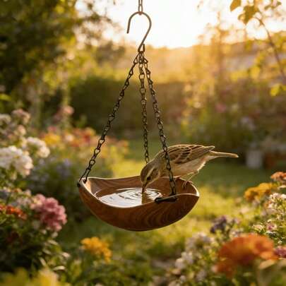 Hanging Bird Bath, Designed For Birds To Play In Water. The Bowl-Shaped Open Space Can Hold Ample Clean Water, Providing Birds With A And Comfortable Place For Bathing, Drinking, And Playing. The Faux Wood Grain Exterior Blends Naturally Into The Outdoor Environment, Paired With Thickened Metal Chains And A Sturdy Hanging Hook For Stable Suspension. The Open Structure Allows Birds To Freely Enter And Exit, Flapping Their Wings And Grooming Their Feathers.